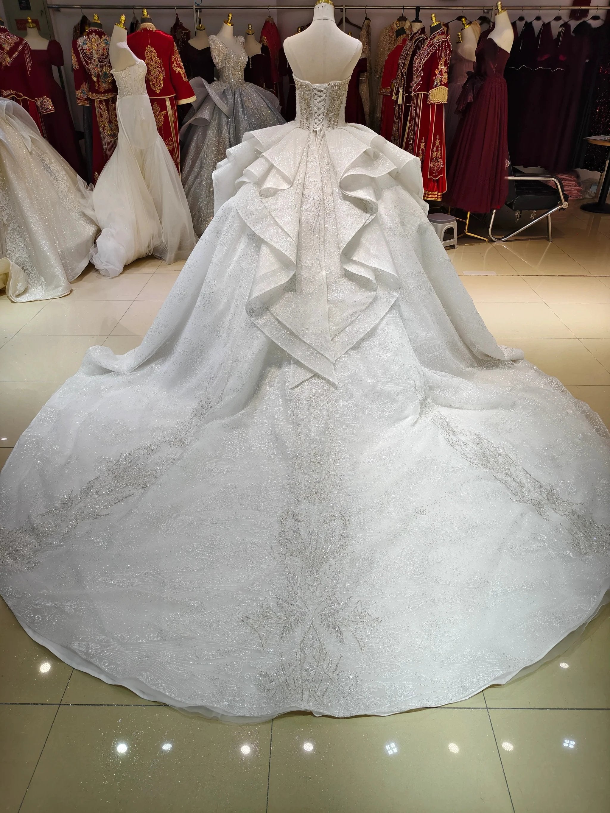 White Gleam Strapless Ballgown Beaded Bust & Ruffled Train (ZD16779)