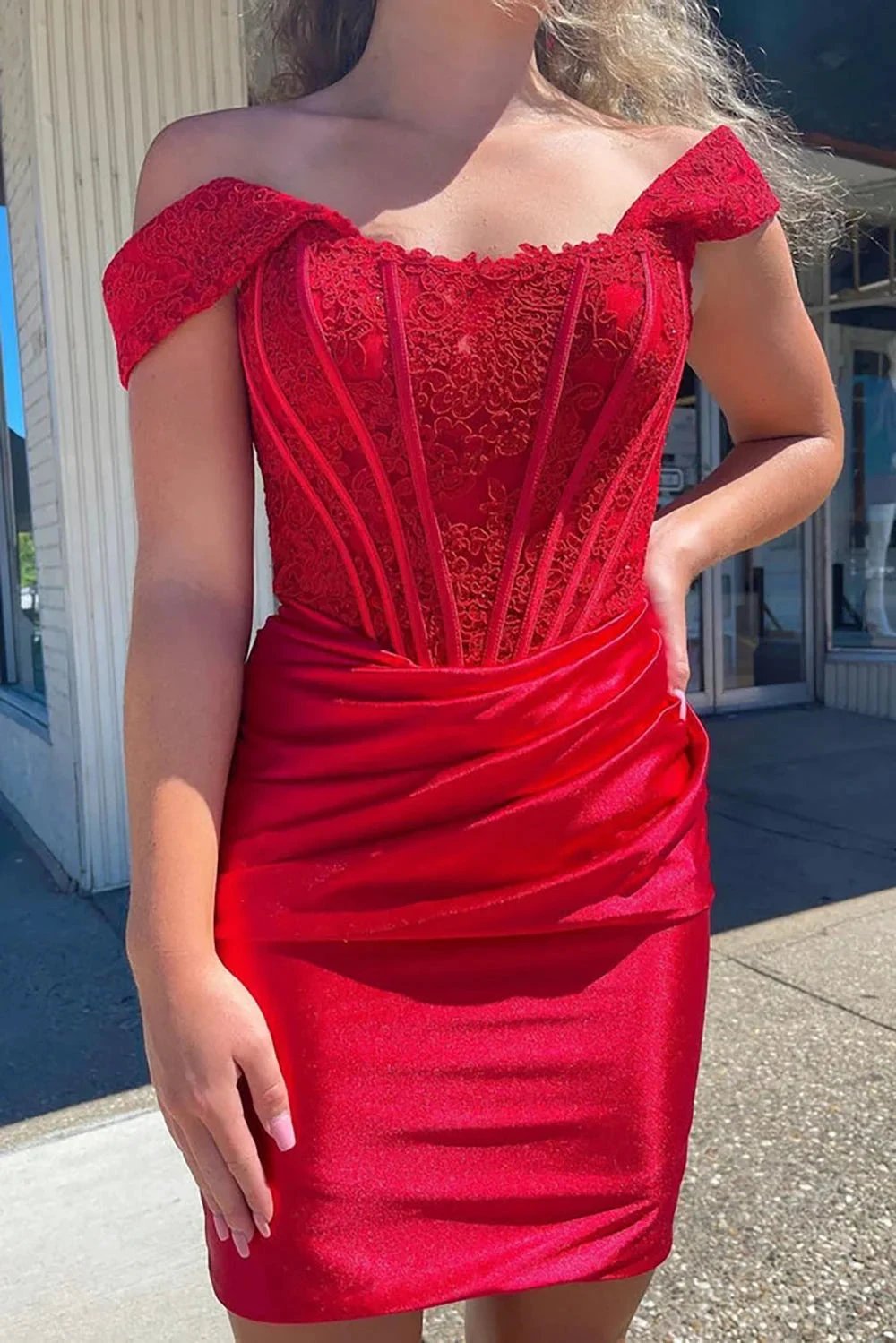 Cute Red Off the Shoulder Satin Homecoming Dresses with Lace (ZD11432) - View 2 | VelvetHem
