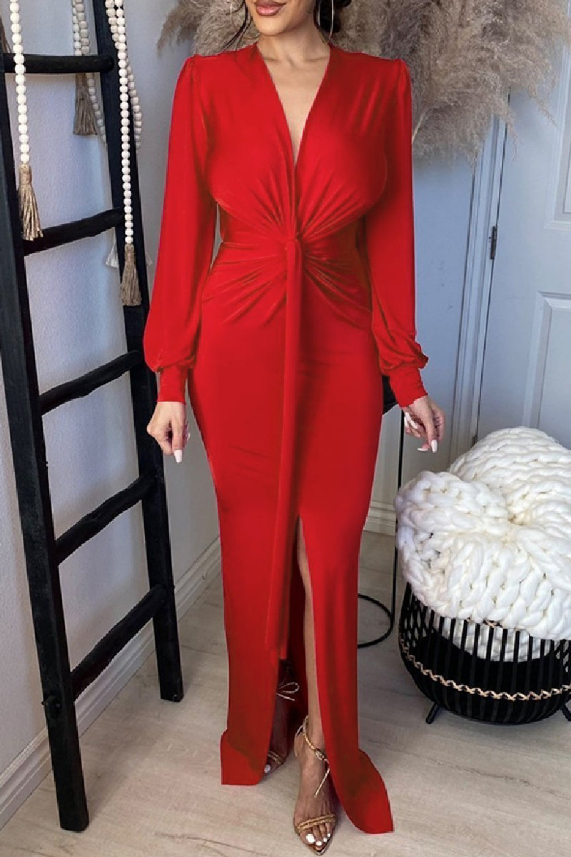 Sexy Formal Solid Patchwork Slit V Neck Evening Dress Dresses - View 2 | VelvetHem