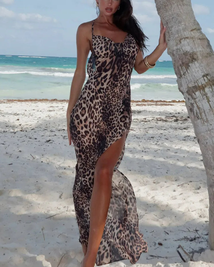 Leopard V-neck Slit Maxi Dress - View 2 | VelvetHem