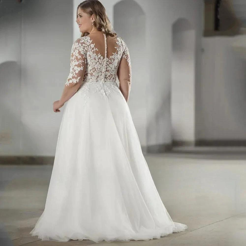 Elegant White V-neck Half Sleeve Bridal Gown Lace Applique Plus Size Floor-Length Wedding Dress for Women vestidos de novia (ZD14207)