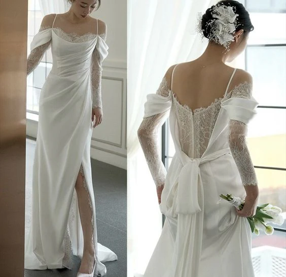 Off The Shoulder White Wedding Dress With Lace Sleeves J8747