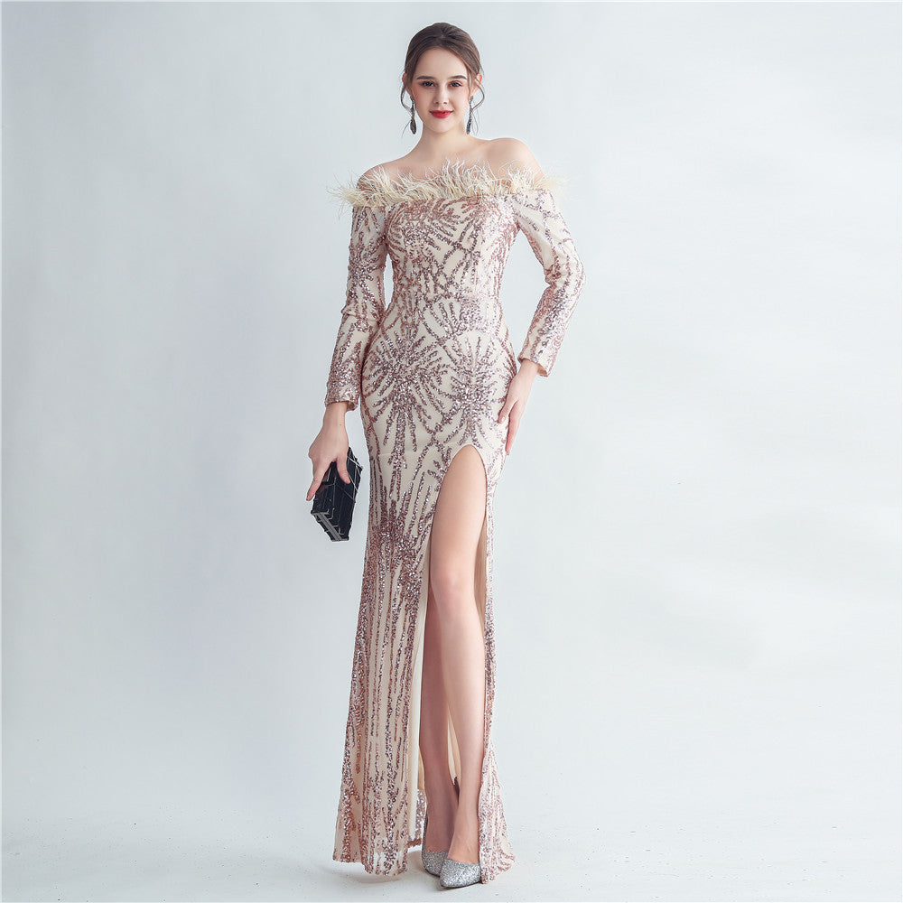 High Density Ostrich Hair Sequin Off Shoulder Fishtail Evening Dress - View 4 | VelvetHem
