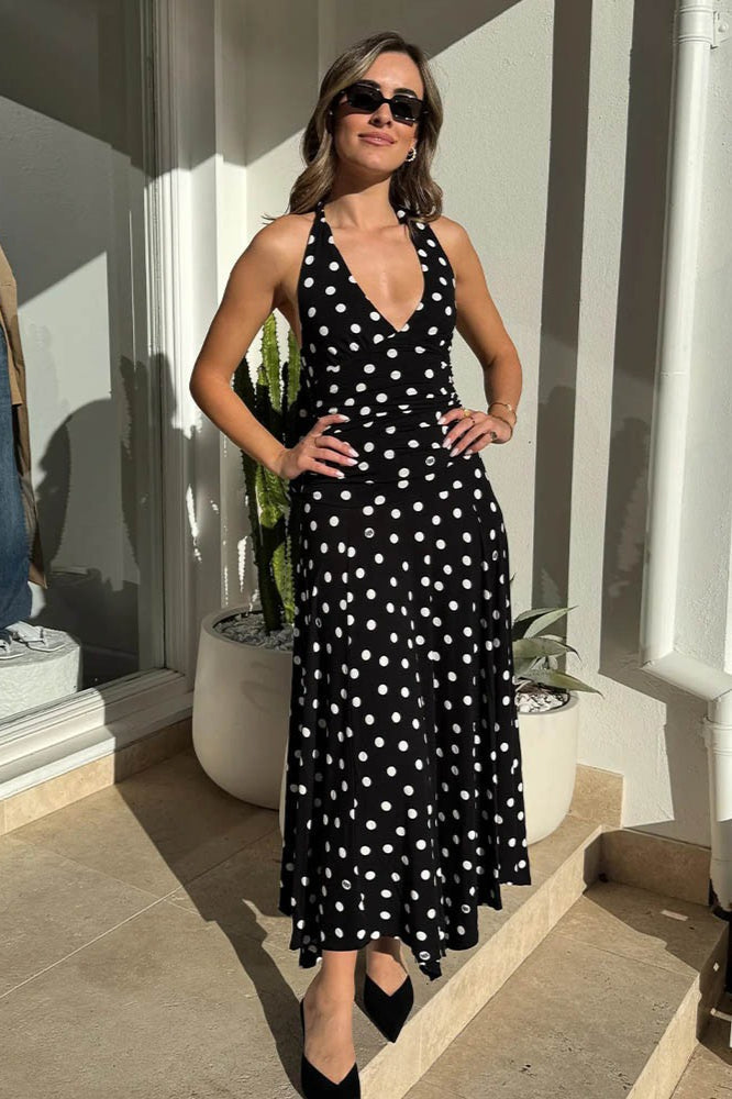 Polka Dot Halter V-Neck Ruched Maxi Dress - View 4 | VelvetHem