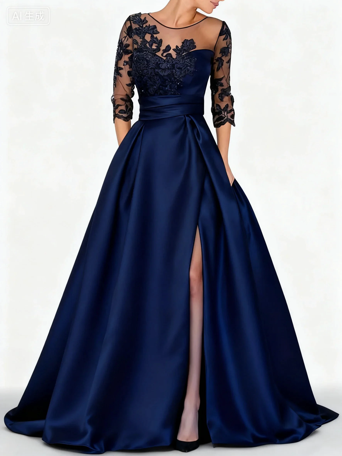 Elegant black satin embroidered formal dress (ZD16758)