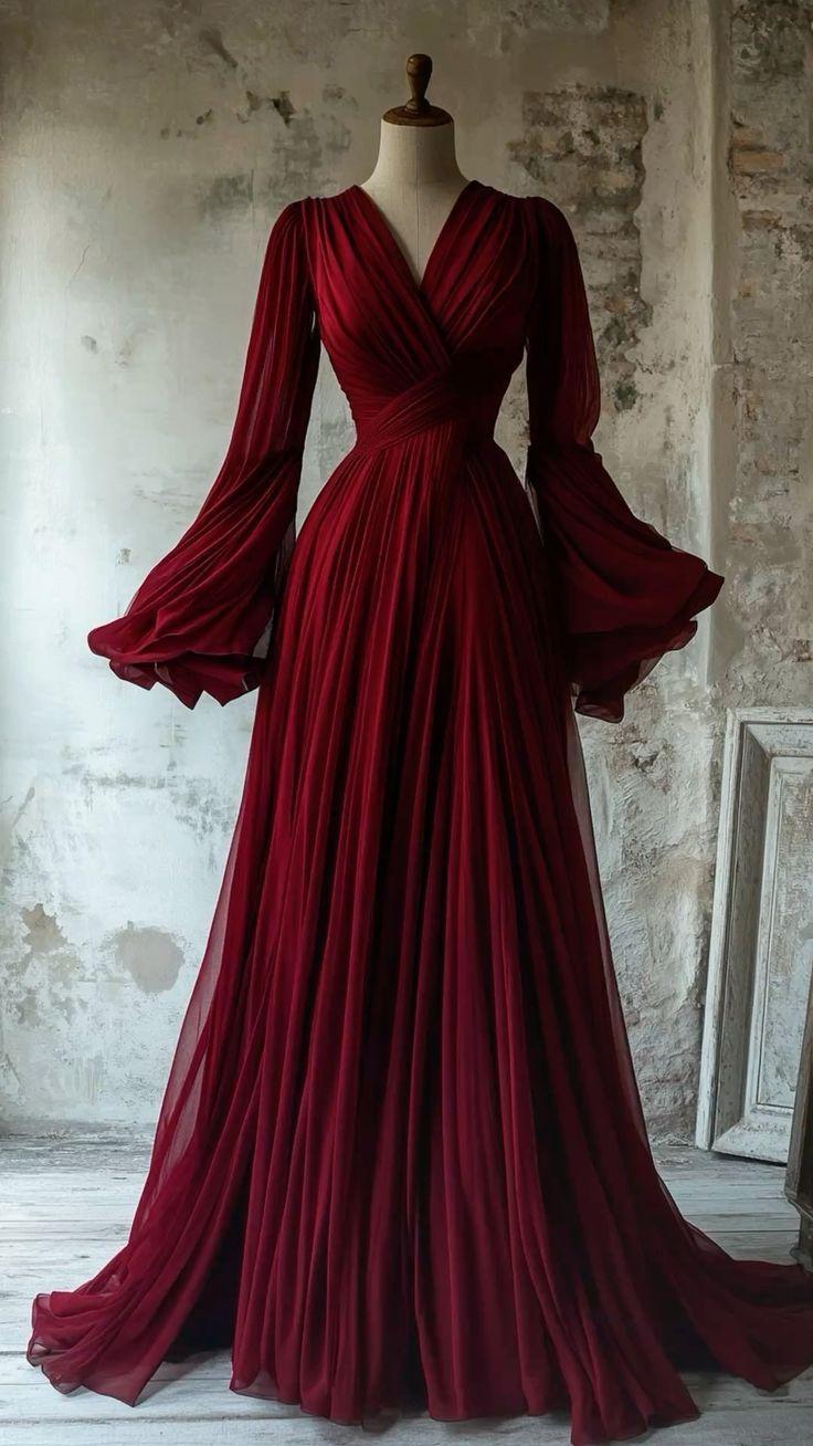 Modest V Neck A-Line Burgundy Chiffon Vintage Long Evening Party Dresses J8165