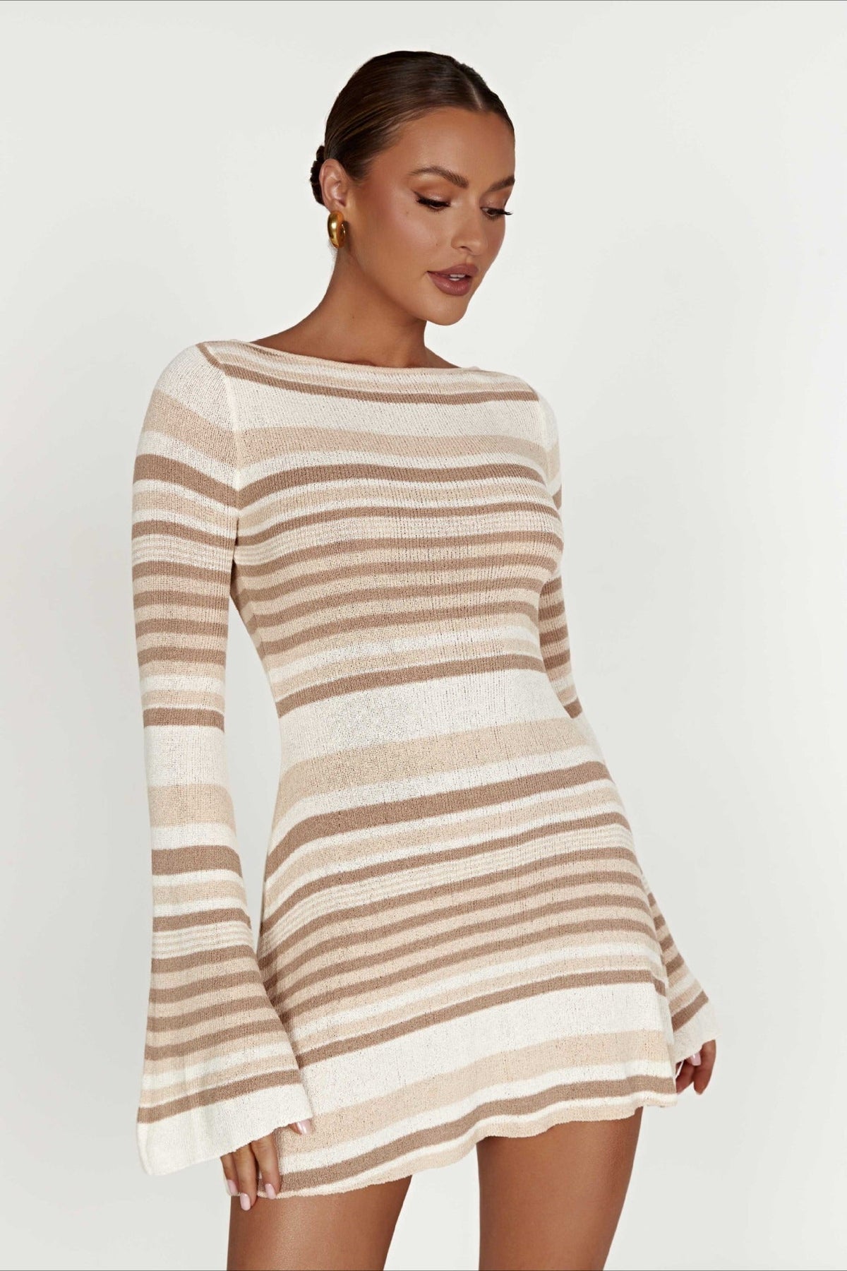 Striped Color-Block Knit Bell-Sleeve Backless Sweater Dress - View 3 | VelvetHem