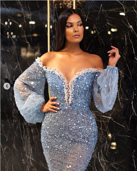 Spring Summer Women Clothing Casual Dress Elegant Gold V neck See through Fishtail Evening Dress - VelvetHem
