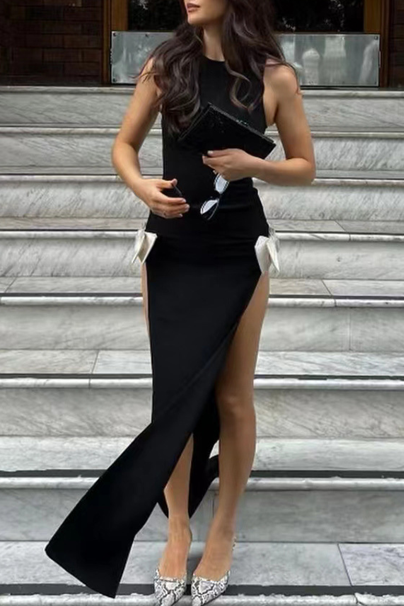 Sexy Solid Color Slit Bow Decor O Neck Evening Dresses - View 3 | VelvetHem
