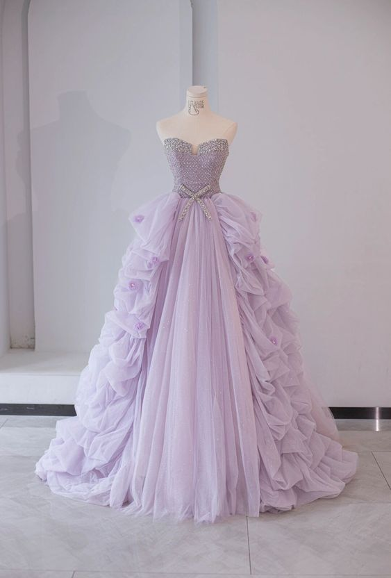 Fairy beaded Tulle Tiered Pleated Lilac Prom Dress Sweet 16 Dress Ball Gown