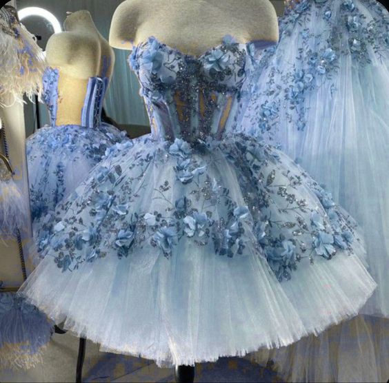 Blue Tulle Short Homecoming Dress With 3D Flowers