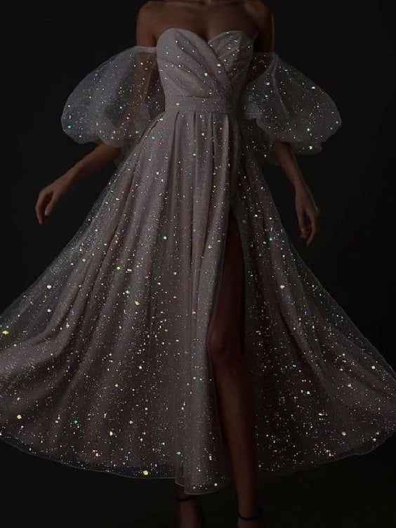 Ladies Sexy Super Shiny Puff Sleeve Party Dress