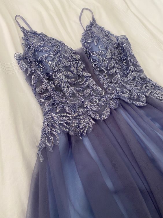 Appliques Dresses Long,Spaghetti Straps Tulle Prom Dresses