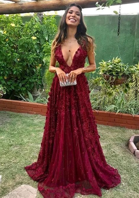 Luxurious A-Line V Neck Burgundy Lace Long Prom Evening Dresses - VelvetHem