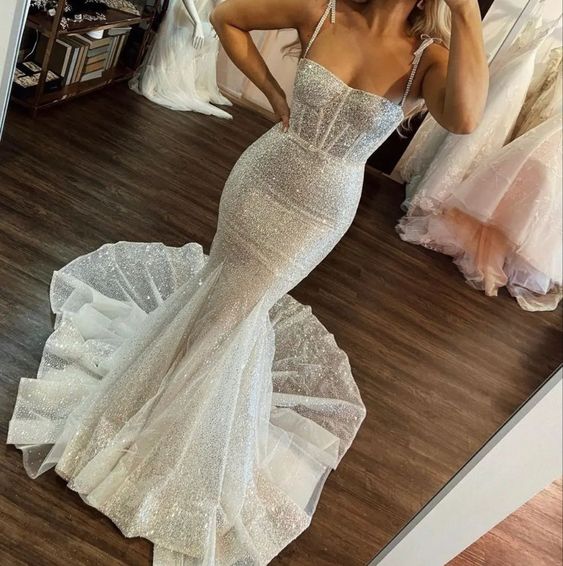 Sexy Ivory Sequins Mermaid Prom Dresses Long Wedding Dresses - VelvetHem