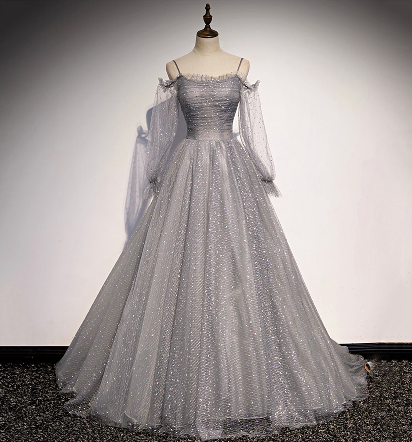 GRAY TULLE SEQUINS LONG A LINE PROM DRESS EVENING DRESS