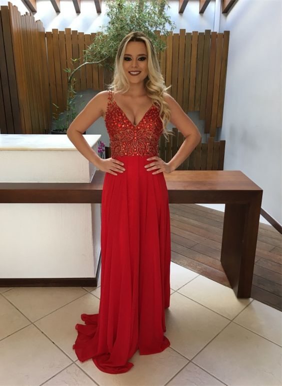 Gorgeous Red Crystals Straps Sleeveless A-line Chiffon Prom Dress