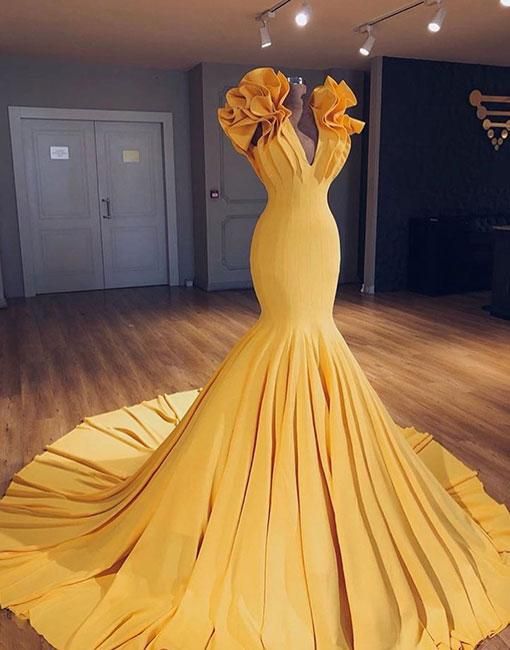 yellow v neck long prom gown,mermaid evening dress