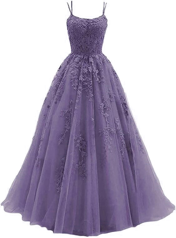 Purple Lace Appliques Dresses Long,Spaghetti Straps Tulle Prom Dresses