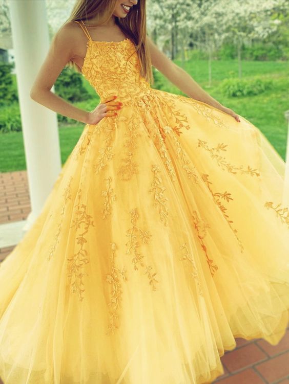 yellow prom dresses lace embroidery ball gown with multi straps fg2105