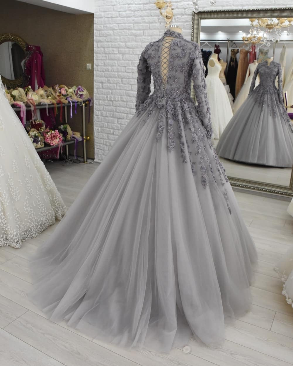 Long Sleeves Grey Formal Occasion Dresses Evening Gowns - View 2 | FashionDia