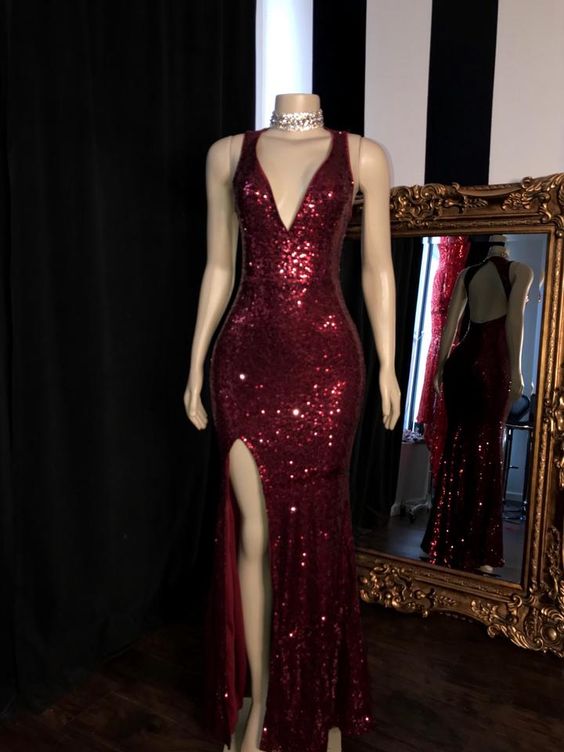 Burgundy sequin long prom dress