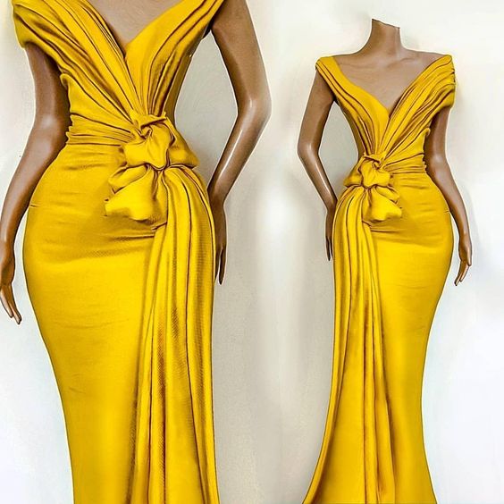 African Yellow Prom Dresses With Pleats Knoted Deep V Neck Mermaid Evening Dress Formal Celebrity Party Gowns