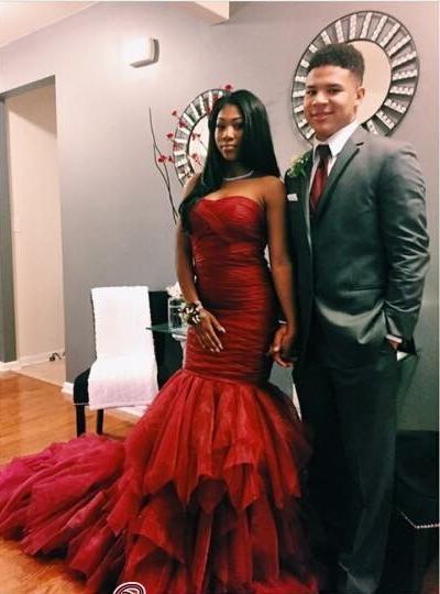 Charming Mermaid Burgundy Strapless African Organza Ruffles Long Prom Dresses