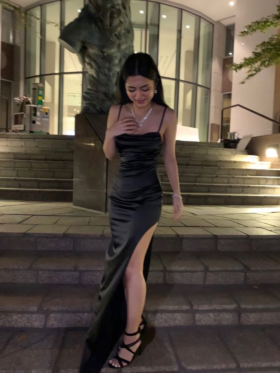 Simple black prom dress with split - View 2 | FashionDia