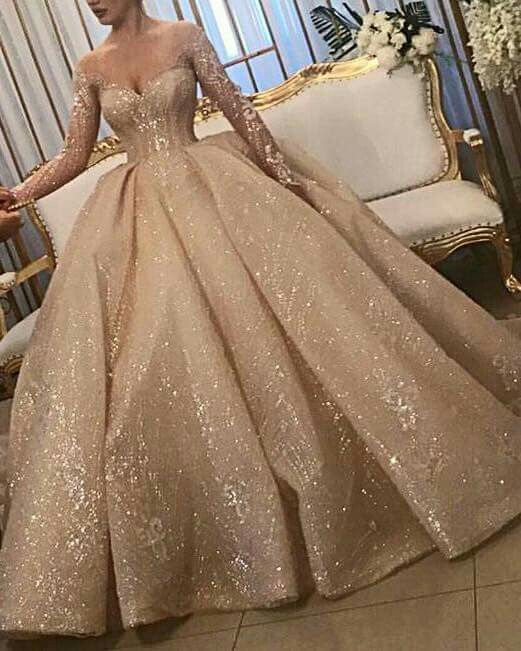 Champagne tulle sequin long prom dress, ball gown evening dress
