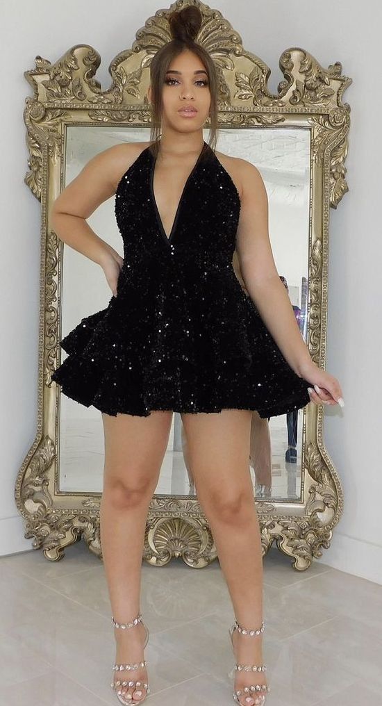 Short flared sequins prom dress Short Homecoming Dresses