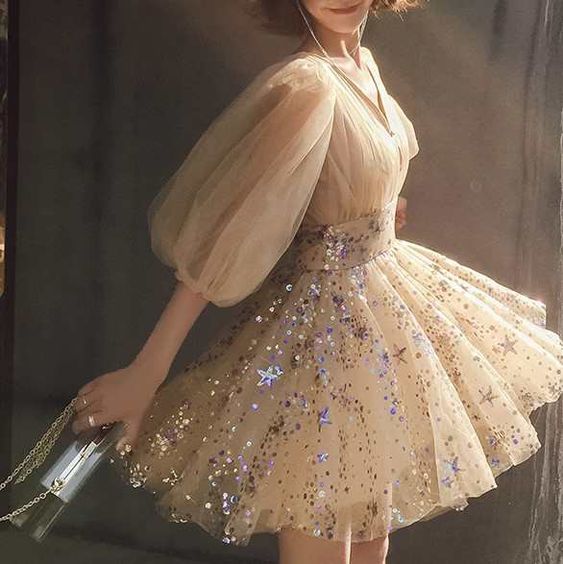 Sequin Mini Dress V-neck Puff Sleeve Party Dress Homecoming Dress - View 2 | FashionDia