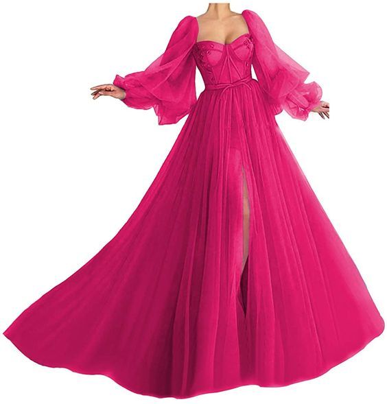 Puffy Sleeve Prom Dress Sweetheart Tulle Ball Gown A-Line Princess Wedding Formal Evening Gowns with Split - FashionDia