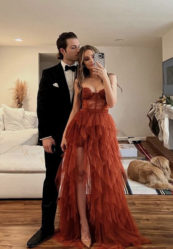Gorgeous Sweetheart Rust Tiered Long Formal Dress with Slit