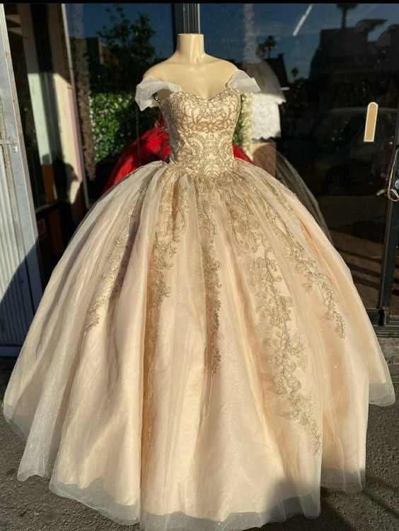 Off Shoulder Champagne Quincea�era Dress Party Ball Gown - VelvetHem