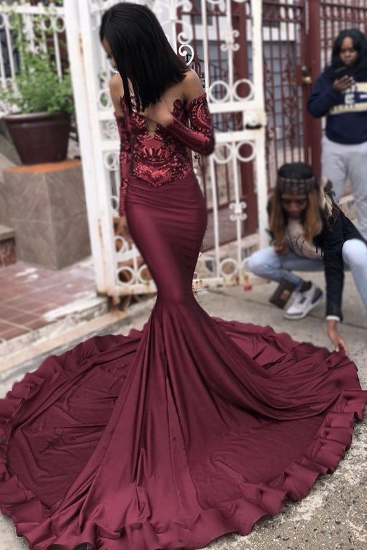 Sexy Burgundy Sequins Mermaid Prom Dresses | Long Sleeves Evening Dresses