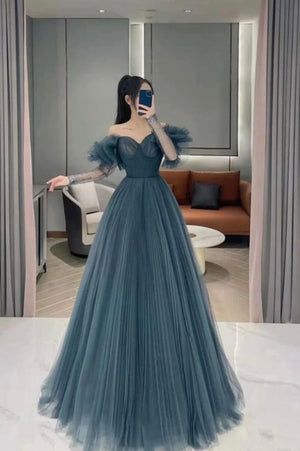 Blue tulle long prom dress A line evening dress