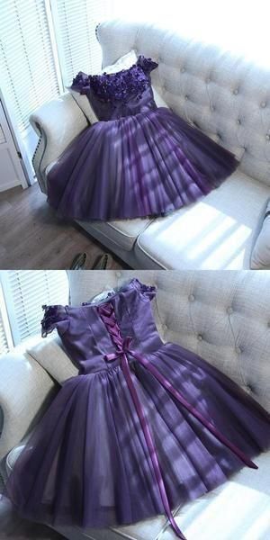 A-Line Grape Tulle Off-the-Shoulder Homecoming Dresses With Beading - FashionDia