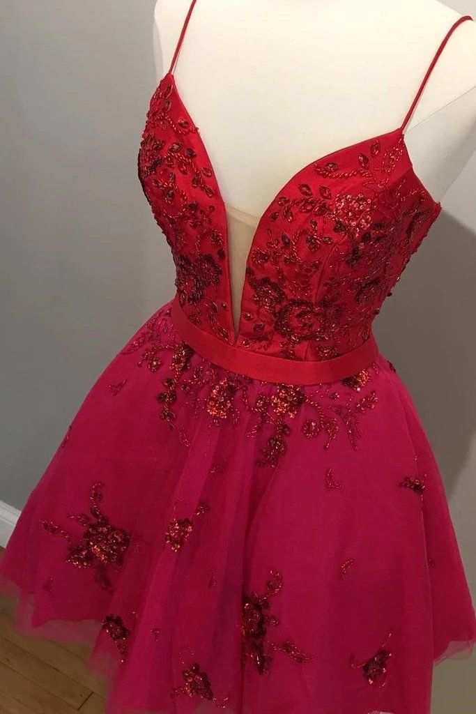 Red Spaghetti Straps V Neck Tulle Beaded Short Prom Dresses, Homecoming Dresses