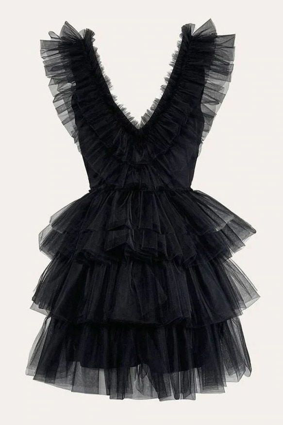 A-Line V-Neck Tiered Homecoming Dress, Tulle Short Prom Party Dress - FashionDia
