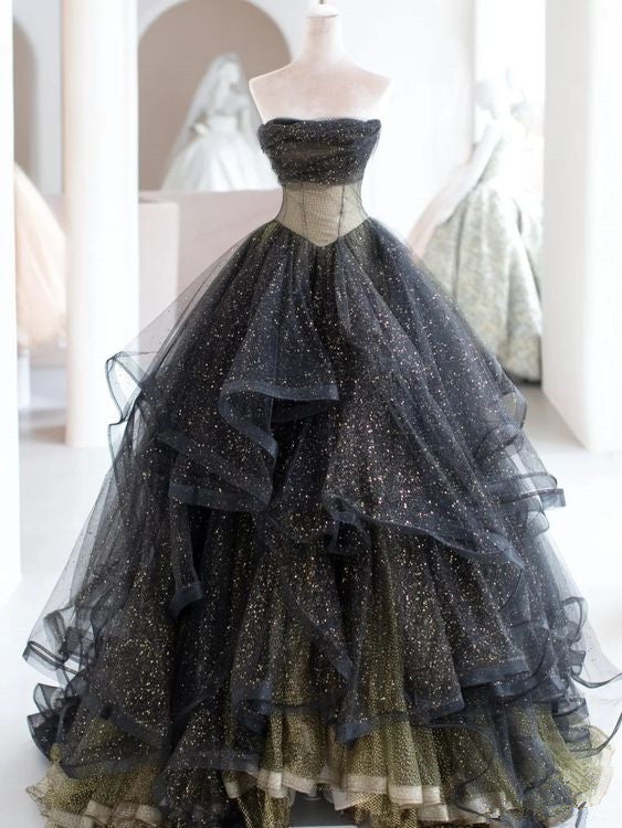 Black ball gown long prom dress, black evening dress
