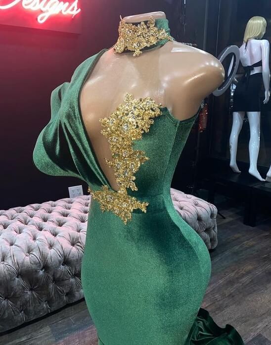Mermaid Green Velvet Long Prom Evening Dresses