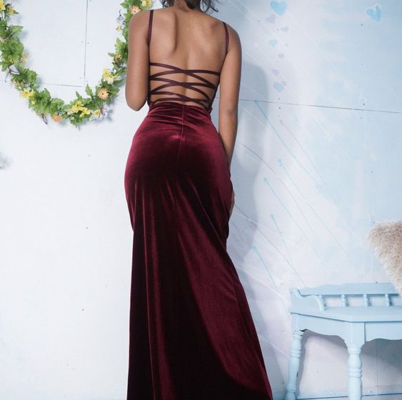 Elegant Mermaid Square Neck Burgundy Velvet Long Prom Dress