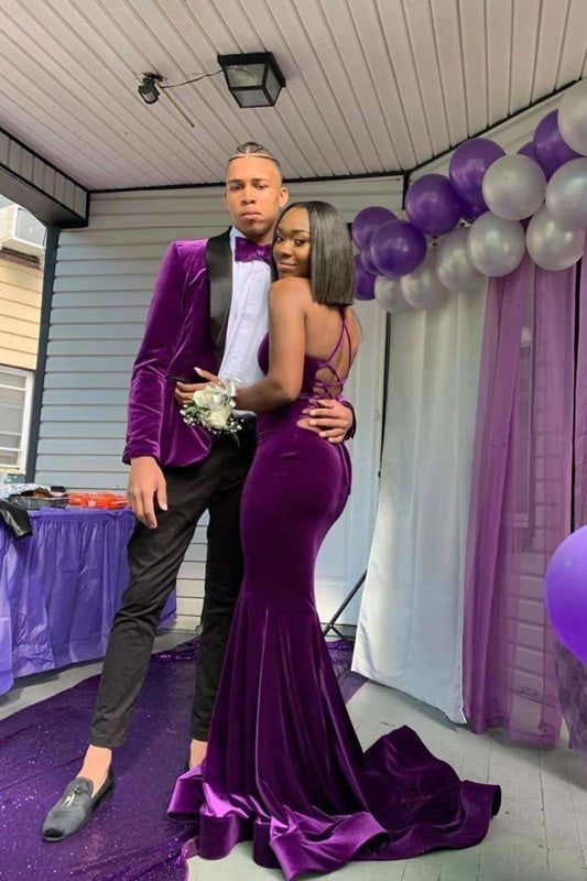 Purple sleeveless open back floor length prom dresses
