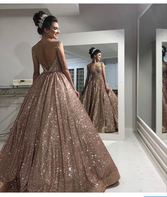 Champagne sequin long prom dress, ball gown evening dress