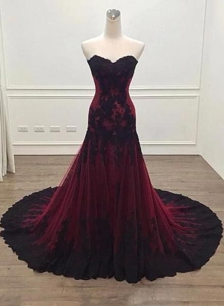 Black And Red Sweetheart Tulle With Lace Glam Evening Gown Party Dress, Long Formal Dress - FashionDia