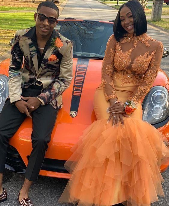 Long Sleeves High Neck African Prom Dress Lace Appliques Beaded Tiered Tulle Floor Length Prom Dresses