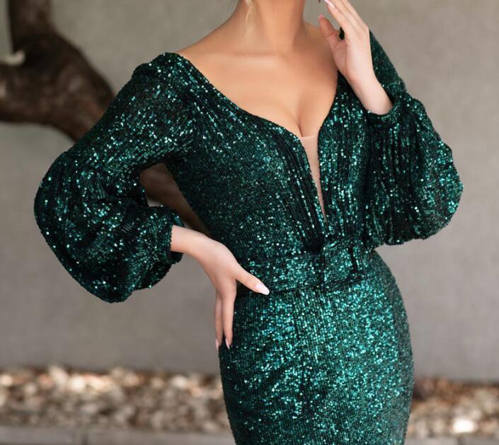 Sparkly Green Long Sleeve Evening Dresses.charming V-Neck Backless Mermaid Formal Evening Gowns - View 2 | FashionDia