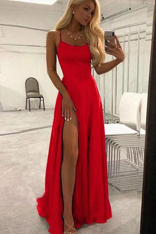 Unique A Line Red Spaghetti Straps Satin Prom Dresses, Long Cheap Evening Dresses