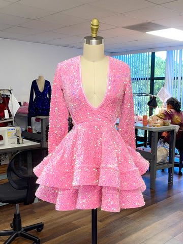 Cute pink short prom dress sequin homecoming dress - FashionDia